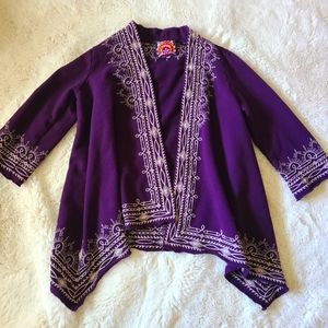 Johnny Was Purple Floral Embroidered Open Front Sweater Cardigan Size M